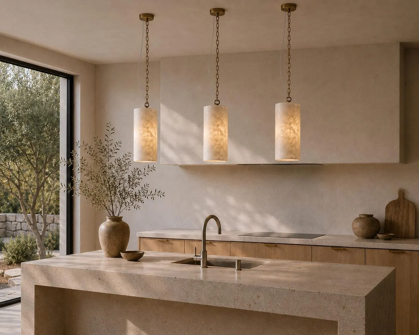 White Alabaster Cylinder Pendant Light, Natural Stone Hanging Lamp With Brass Chain