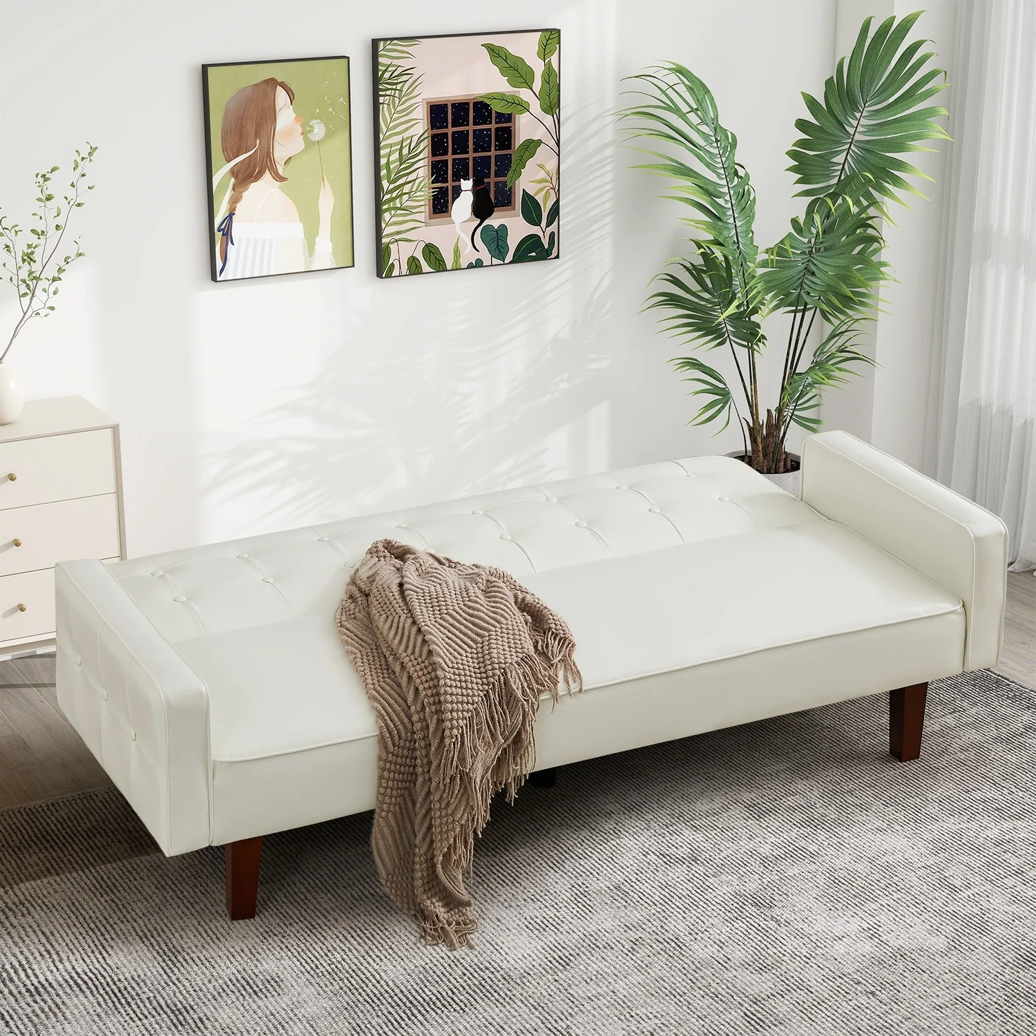 74.4” L Faux Leather Full Handcrafted Button Tufted Sofa 3-Seat, Convertible Sleeper Couch Adjustable Backrest