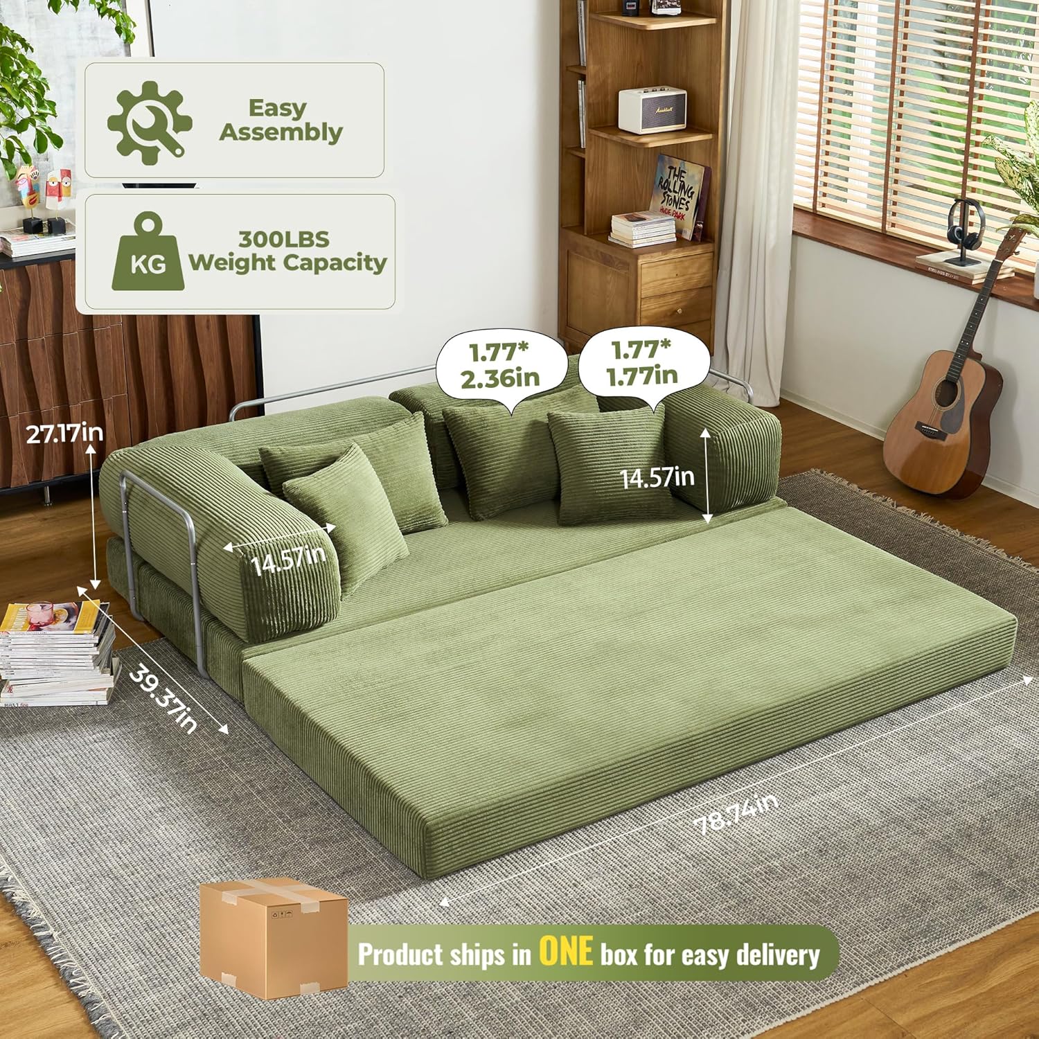 78 Inch Convertible Sofa Bed, Corduroy Boneless Couch with Fixed Frame and 4 Pillows, Modular Sectional Couch for Living Room Bedroom Studio Floor Bed Loveseat Sofa (Green)