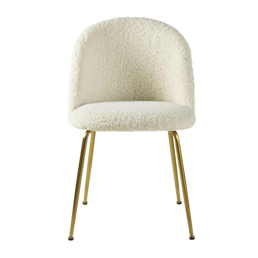Ginette - Chaise à bouclettes blanches et métal chromé doré