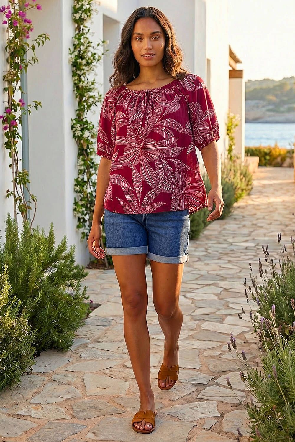 Roman Floral Puff Print Bardot Top