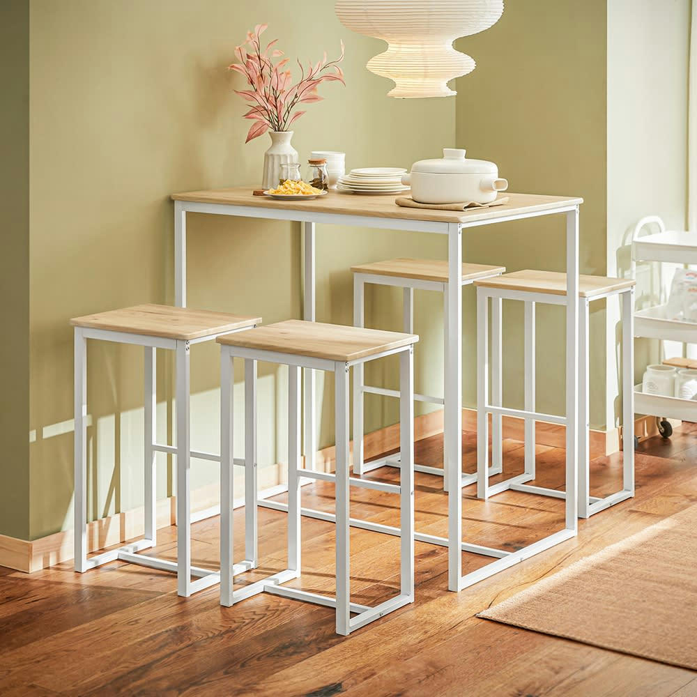 - Set de 1 table et 4 tabourets de bar effet bois et métal blanc