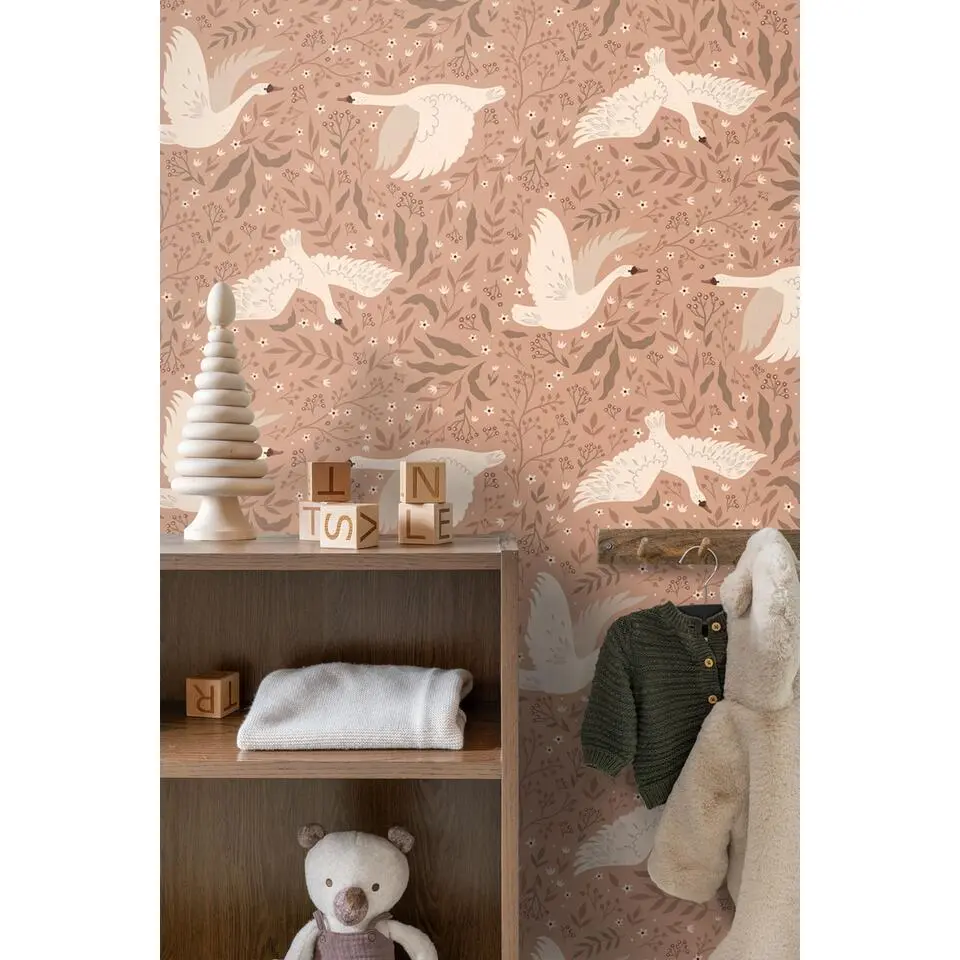ESTAhome behang zwanen donker terracotta roze - 50 x 900 cm