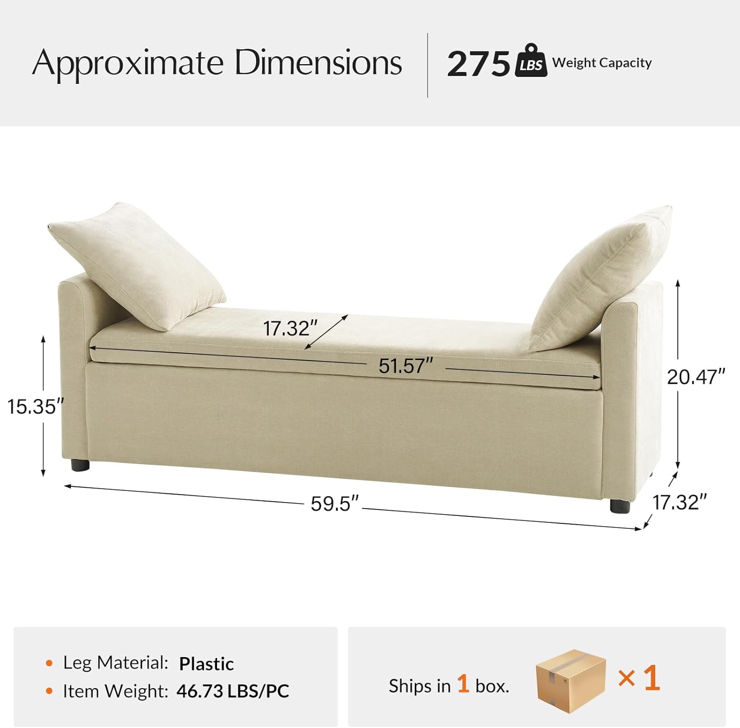 59.5 Modern Storage Ottoman Bedroom Bench, End of Bed Bench with Arms and Throw Pillows, Footrest Stool for Living, Dining Room, Entryway and Hallway, Beige