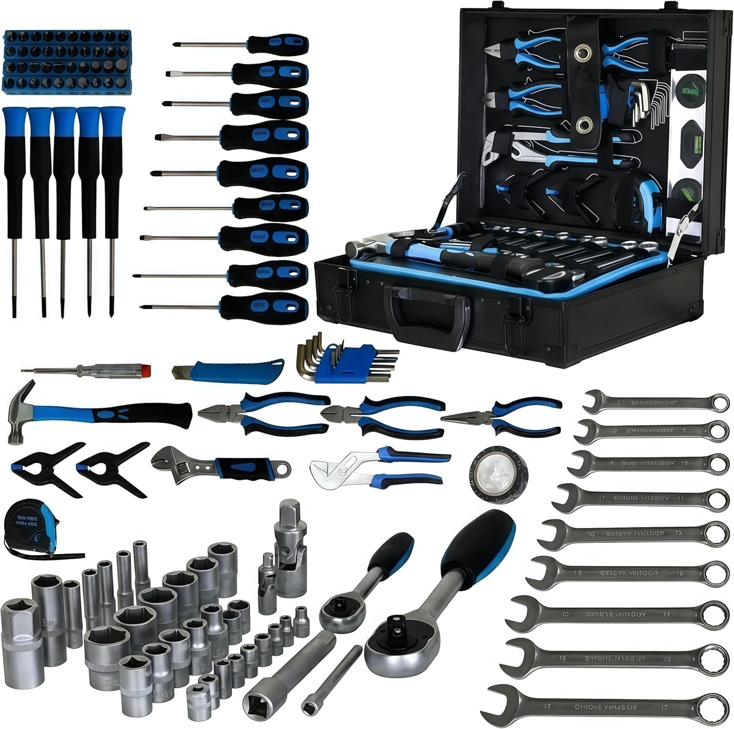 247 Piece Mechanics Tool Set, Premium Aluminum Tool Box with Tools Included, General Home Repair Tool Kit for Auto, House and DIY, 1/4 and 1/2 Drive Socket Wrench Kit, Blue