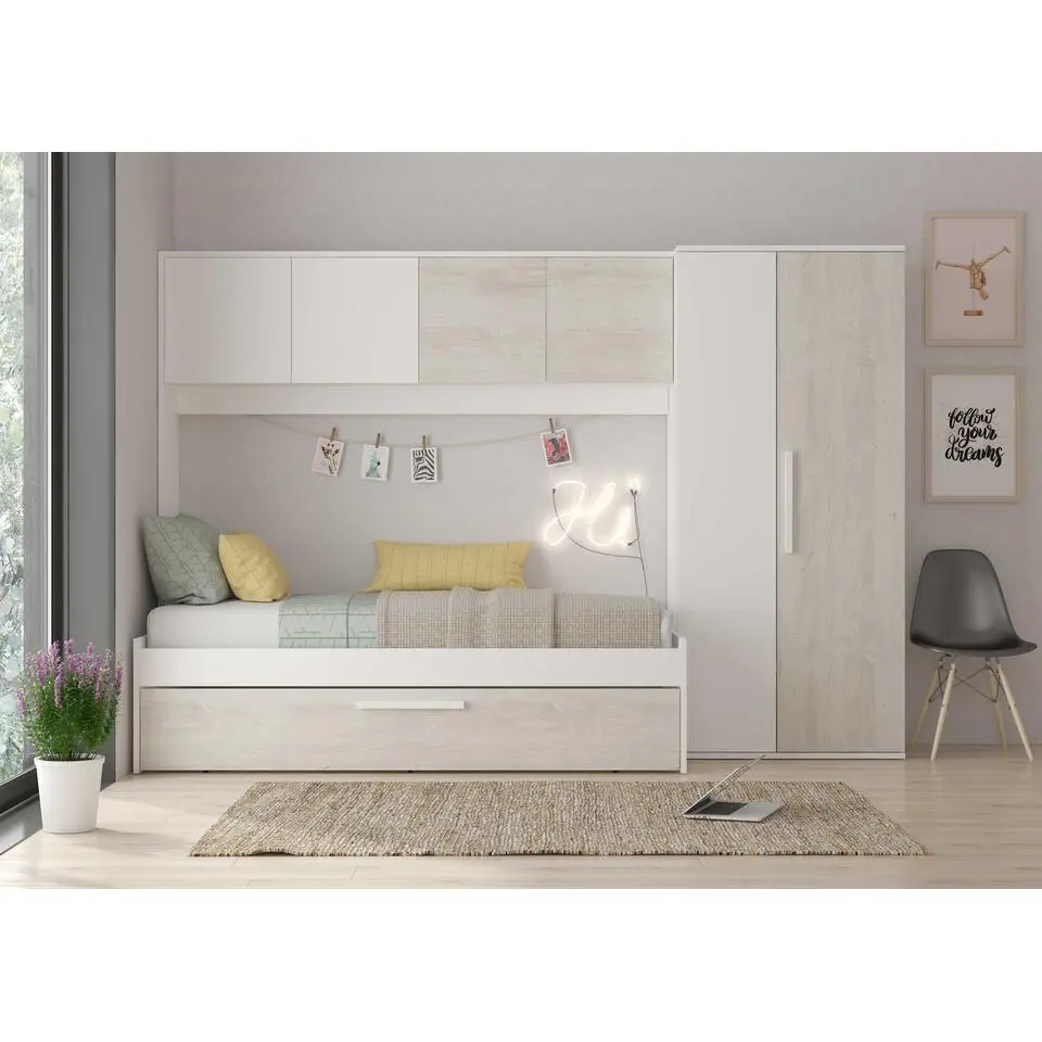 Bed Lev 90x200 cm met kast en bedlade - grenen/wit