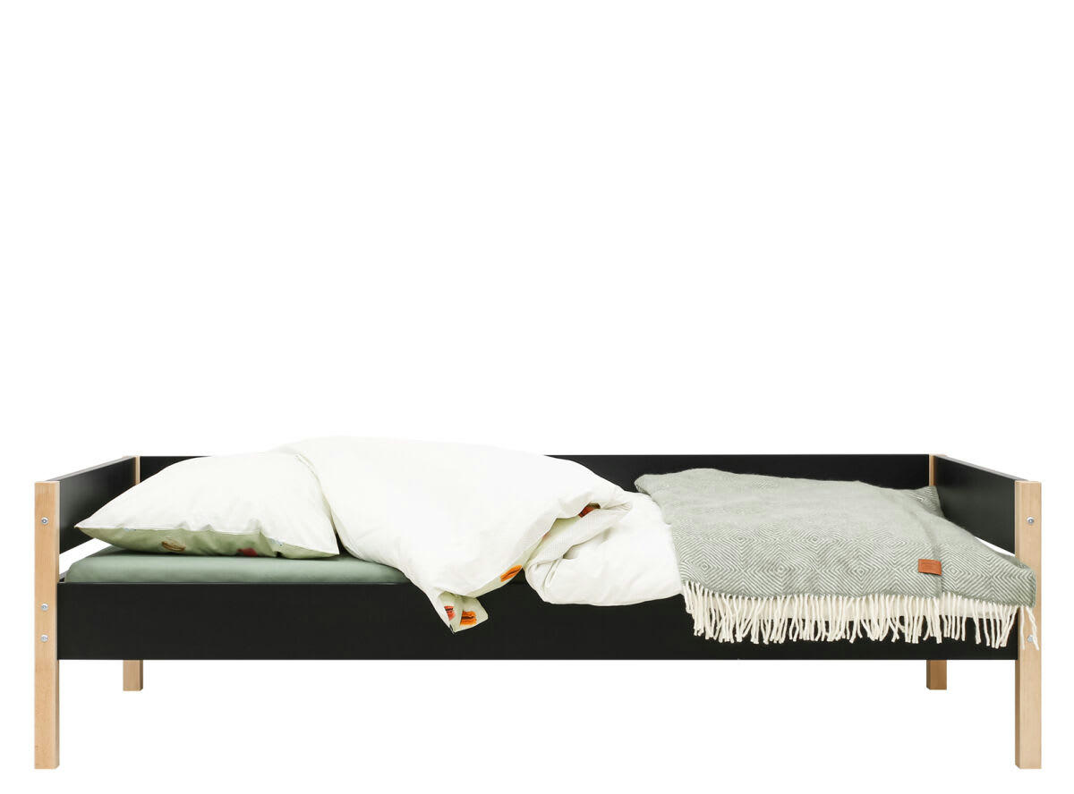 LUCAS - Lit banquette 90x200 en MDF et hêtre noir mat