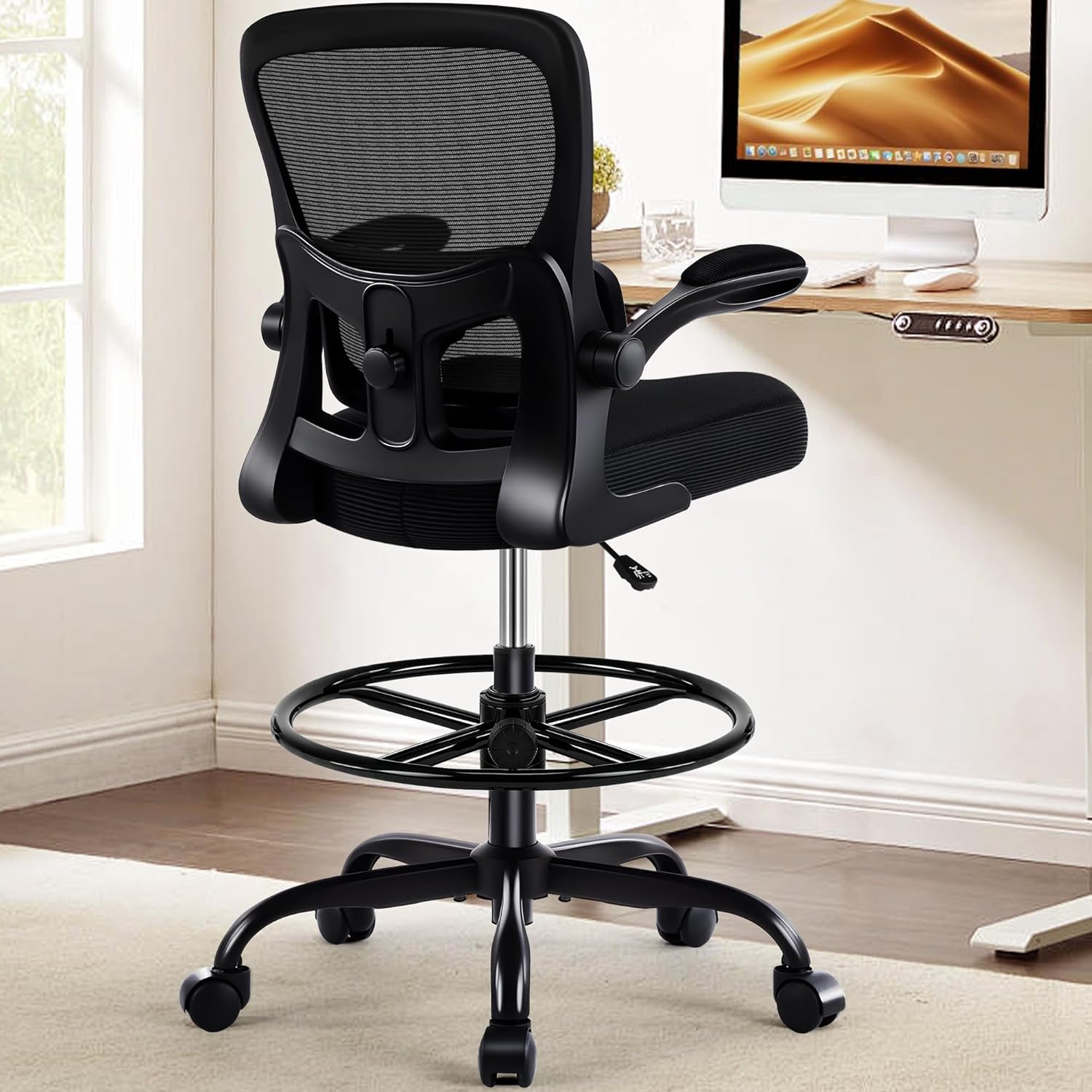 AreShark Drafting Office Chair - Ergonomic Tall Office Chair with Adjustable Footrest Ring - Counter Height Adjustable Rolling Standing Desk Chair with Lumbar Support and Flip-up Armrests for Home