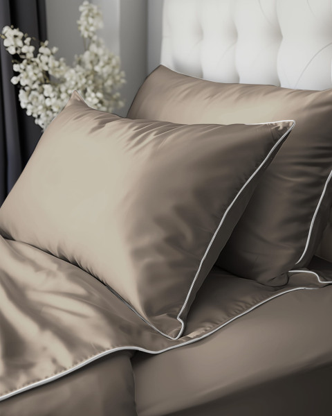 Komplet pościeli z makosatyny z lamówką bizą 160x200 taupe