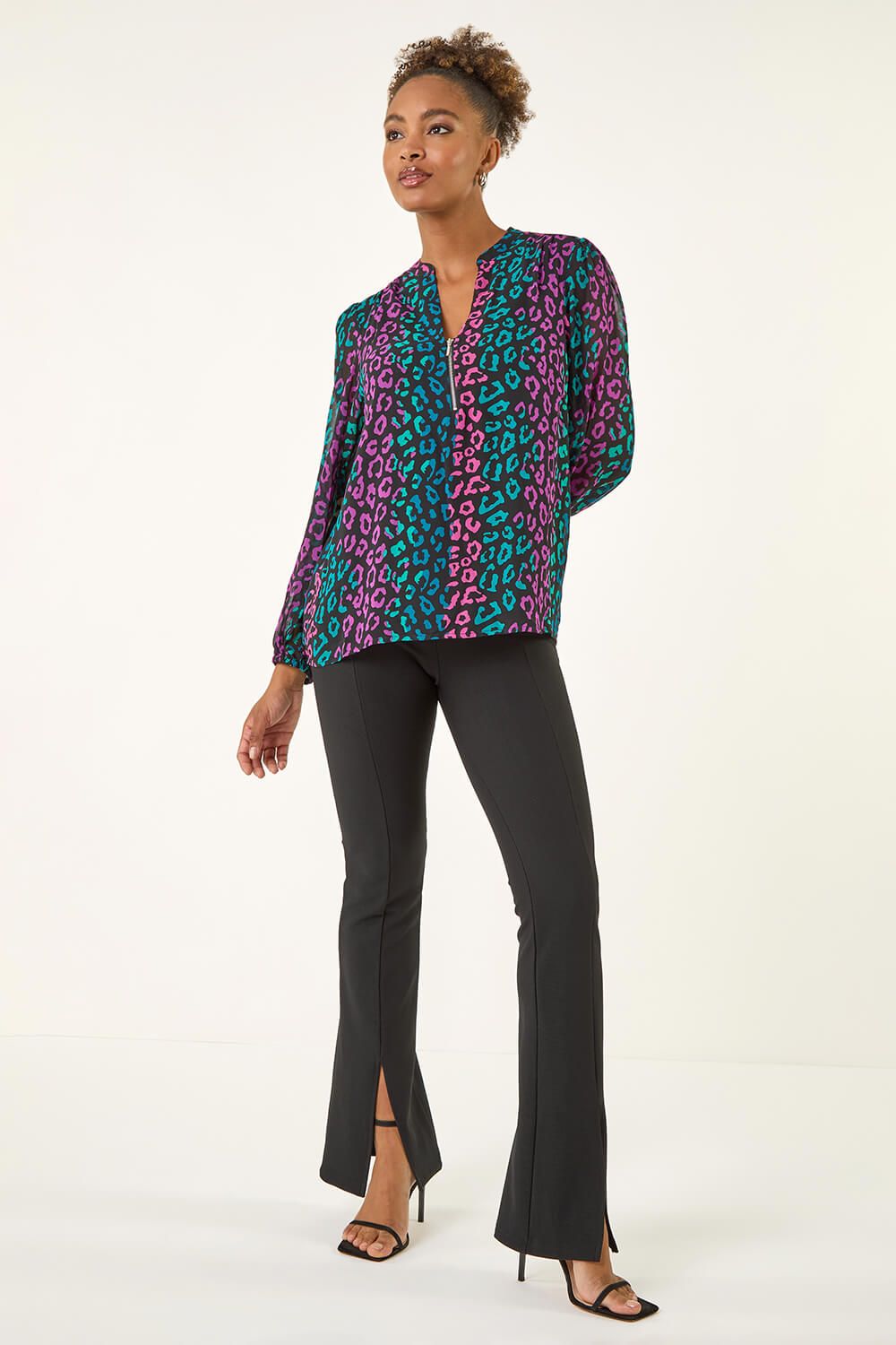 Roman Animal Print Zip Front Top