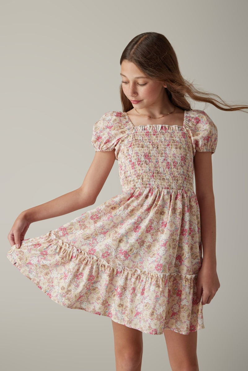 Hello Franki Short Sleeve Smocked Tiered Dress for girls Pink