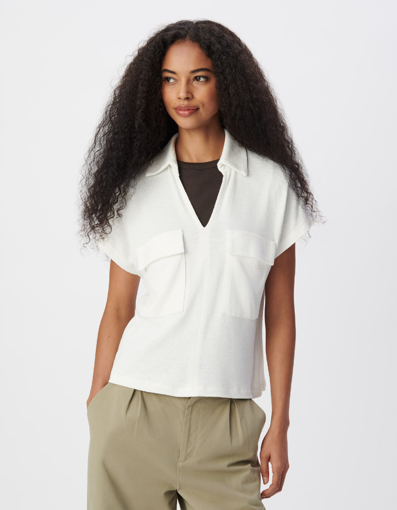 Tee-shirt col polo blanc éponge poches plaquées Femme