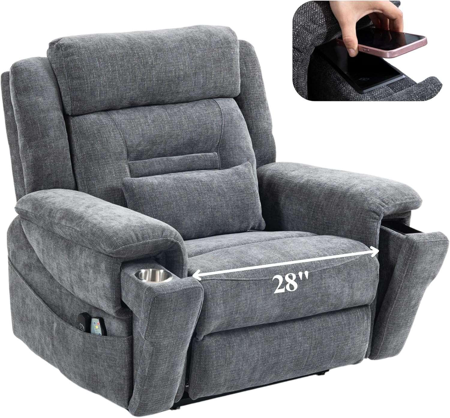 Big Man Power Lift Recliner for Elderly Adults 28 Inch Wide Seat, Oversized Recliner 400 lbs with Heat Massage, Lay Flat Recliner Chair Cup Holder & Wireless Phone Charger, USB Type C Charging