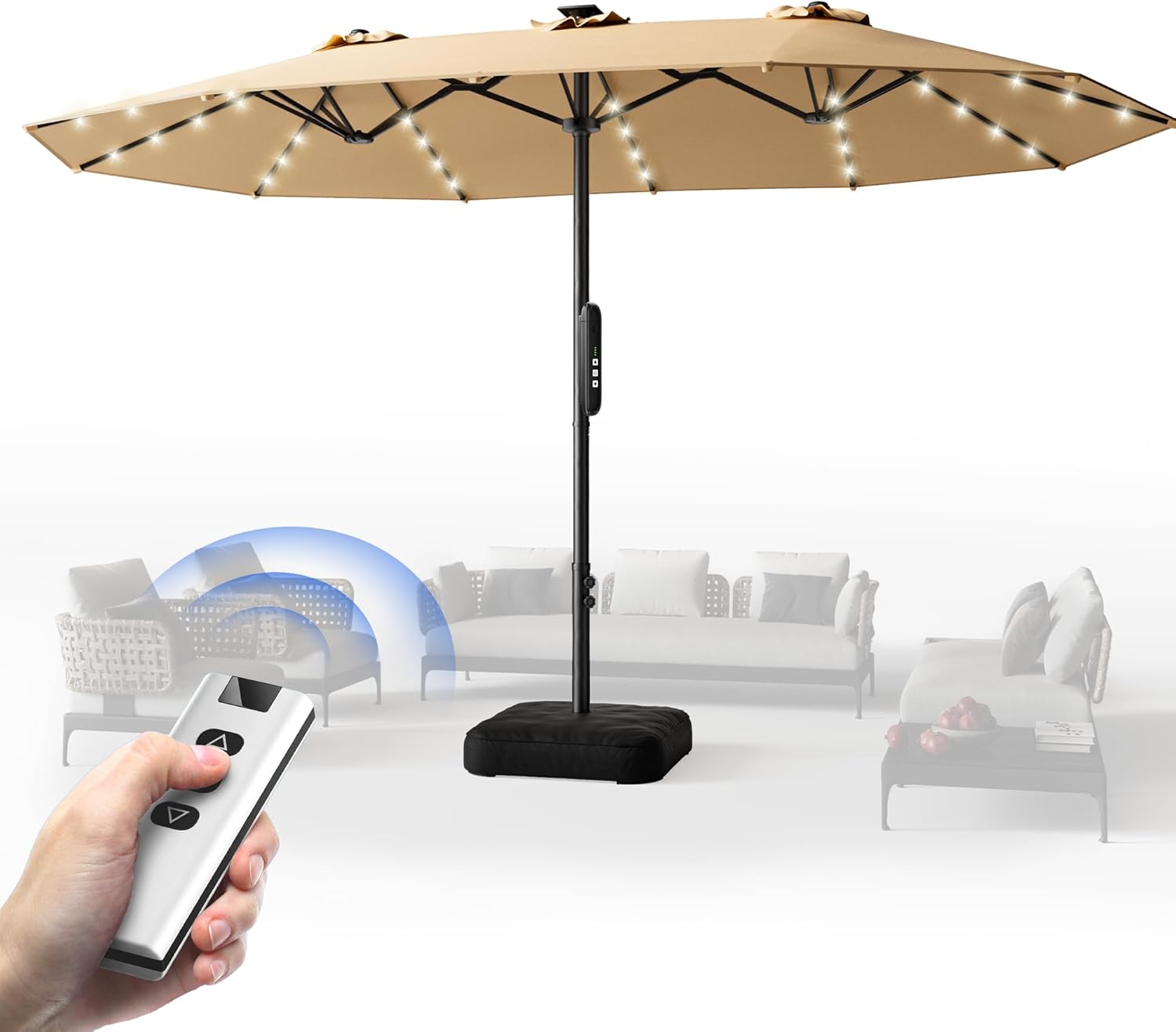 HOMSHADE 15FT Motorized Electric Large Patio Umbrella with Base and Solar Lights Outdoor, Double-Sided Rectangle Umbrella with Remote Control, 30° Auto-Open for Pool Deck Table Market Backyard, Beige