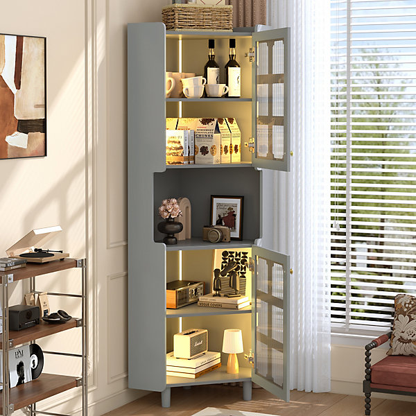 Armoire d'Angle - Meuble de Rangement avec éclairage LED et Contrôle par Application - MDF Laqué - Gris