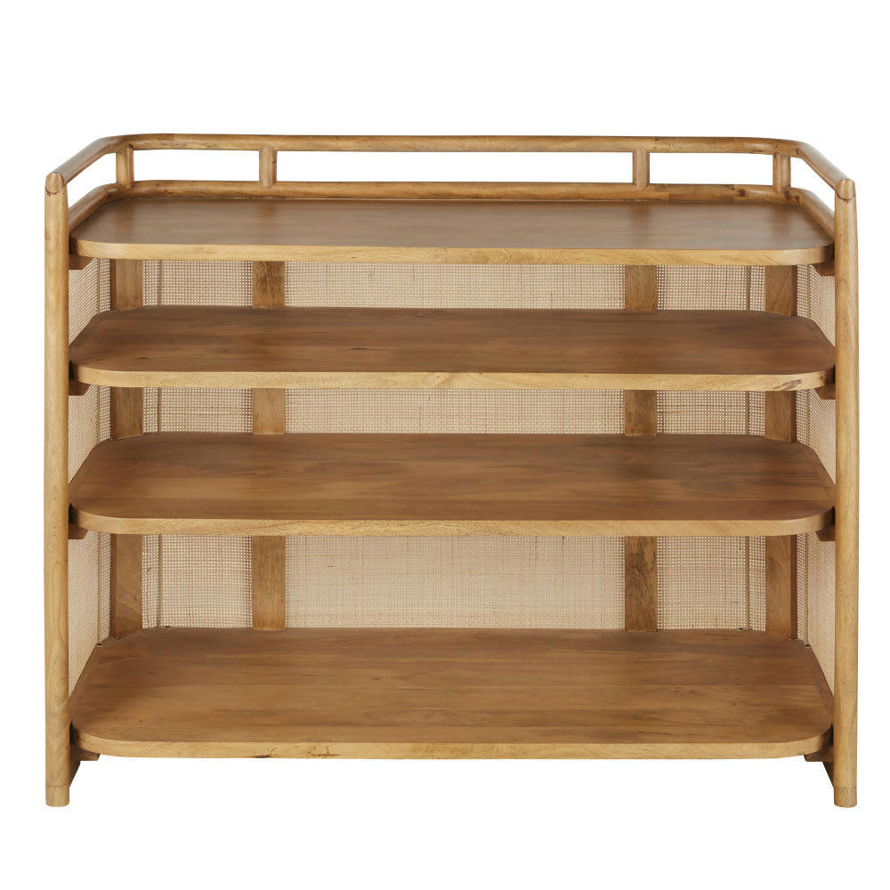 Viro Business - Comptoir professionnel en bois de manguier et tressage en fibres végétales beige