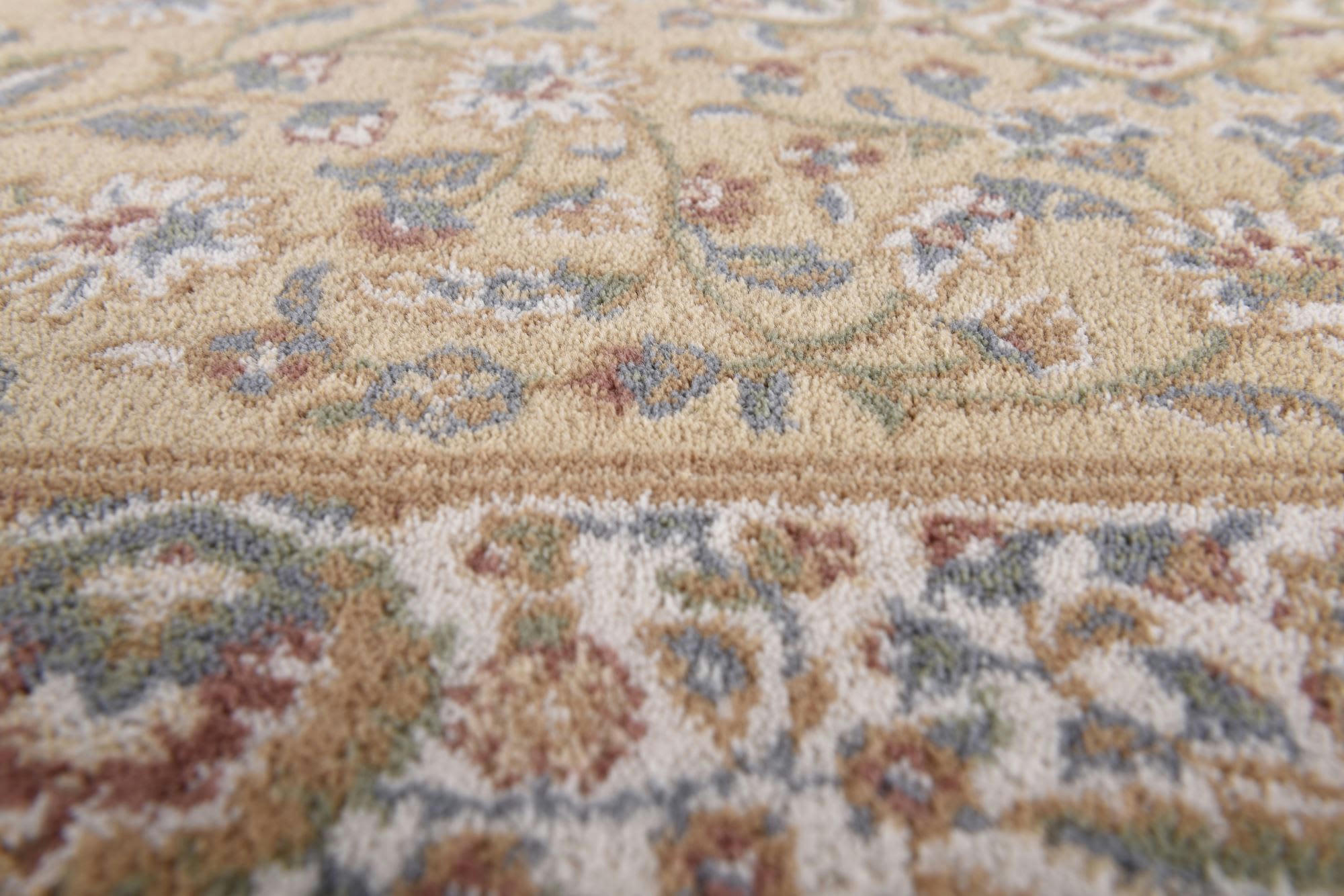 DOLNA - Tapis d'orient floral, tissé, laine naturelle sable Diam 133 cm