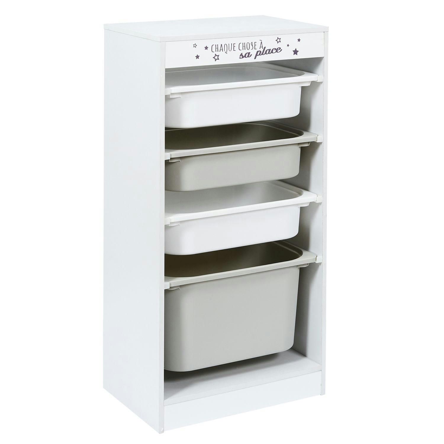 TIDY - Meuble de rangement enfant à 4 bacs gris et blanc