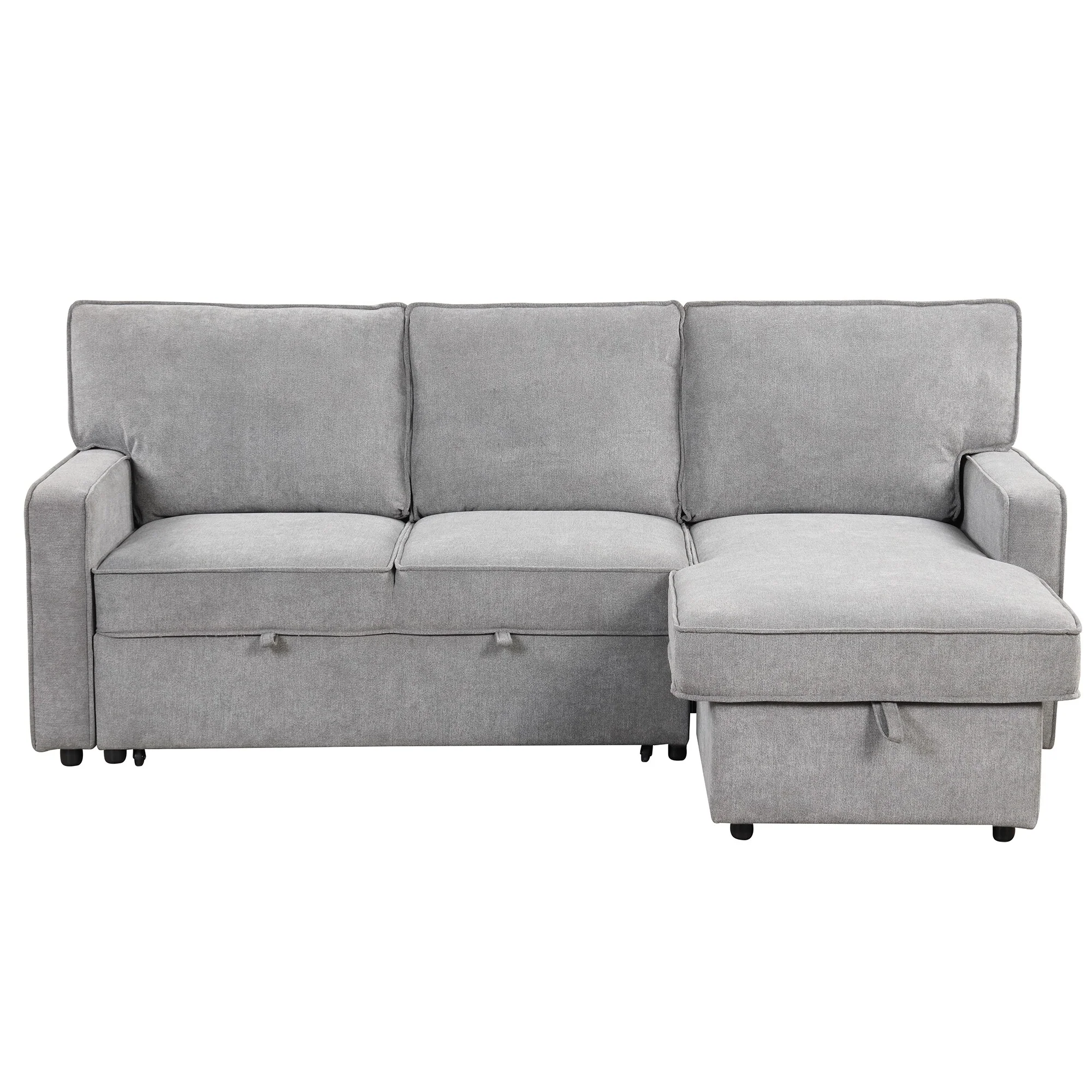 Grey 89'' Polyester Sleeper Sofa, 3-Seater with Pull-Out Bed, Storage Ottoman, USB Port, and Built-In Cup Holders