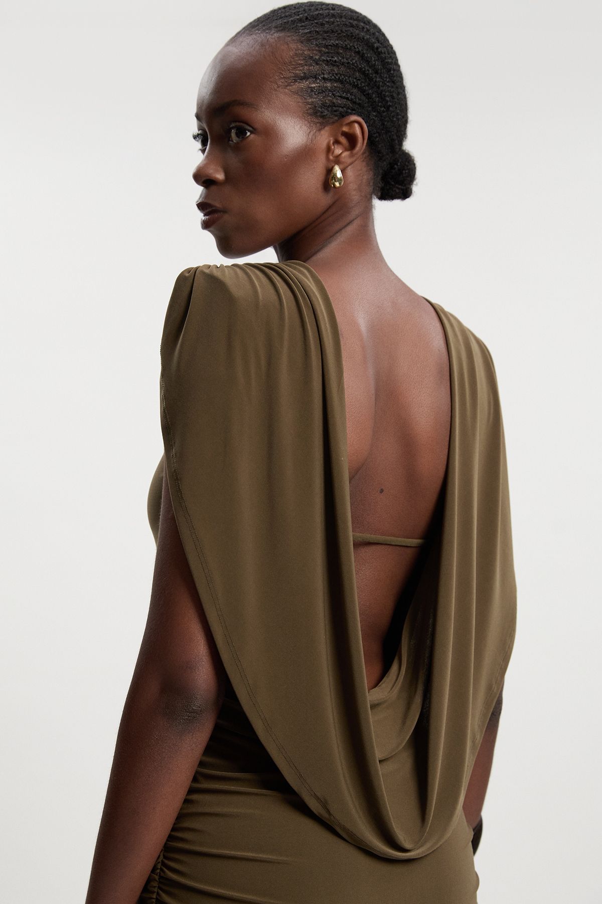 KarenMillen Stretch Drapey Crepe Ruched Plunge Back Detail Midi Dress