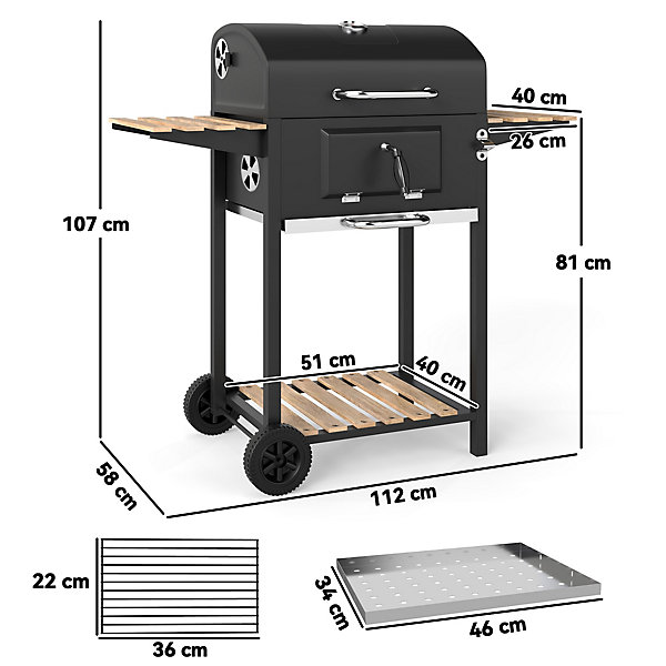 Barbecue charbon de bois avec couvercle 2 roues - hauteur grille réglable, thermomètre, 3 étagères - acier noir bois