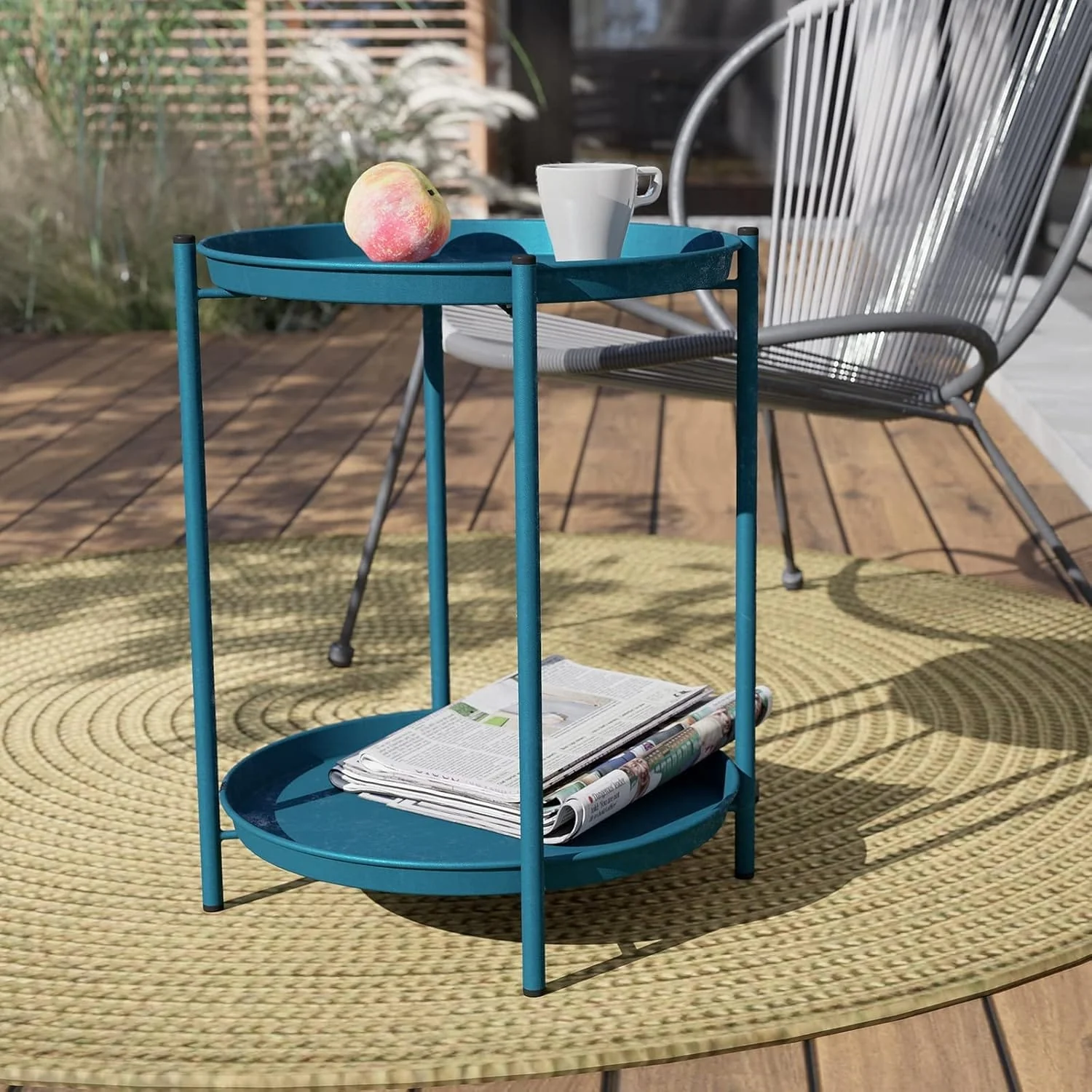 Steel Patio Side Table 2-Tier, Weather Resistant Outdoor Round End Table - 18D x 18W x 21H