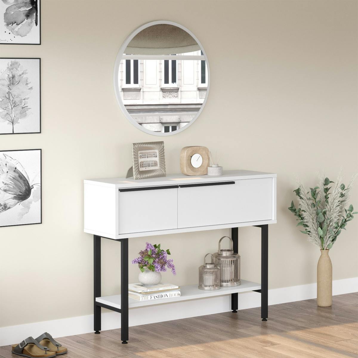 Console d'entrée moderne noir et blanc et miroir rond JENA