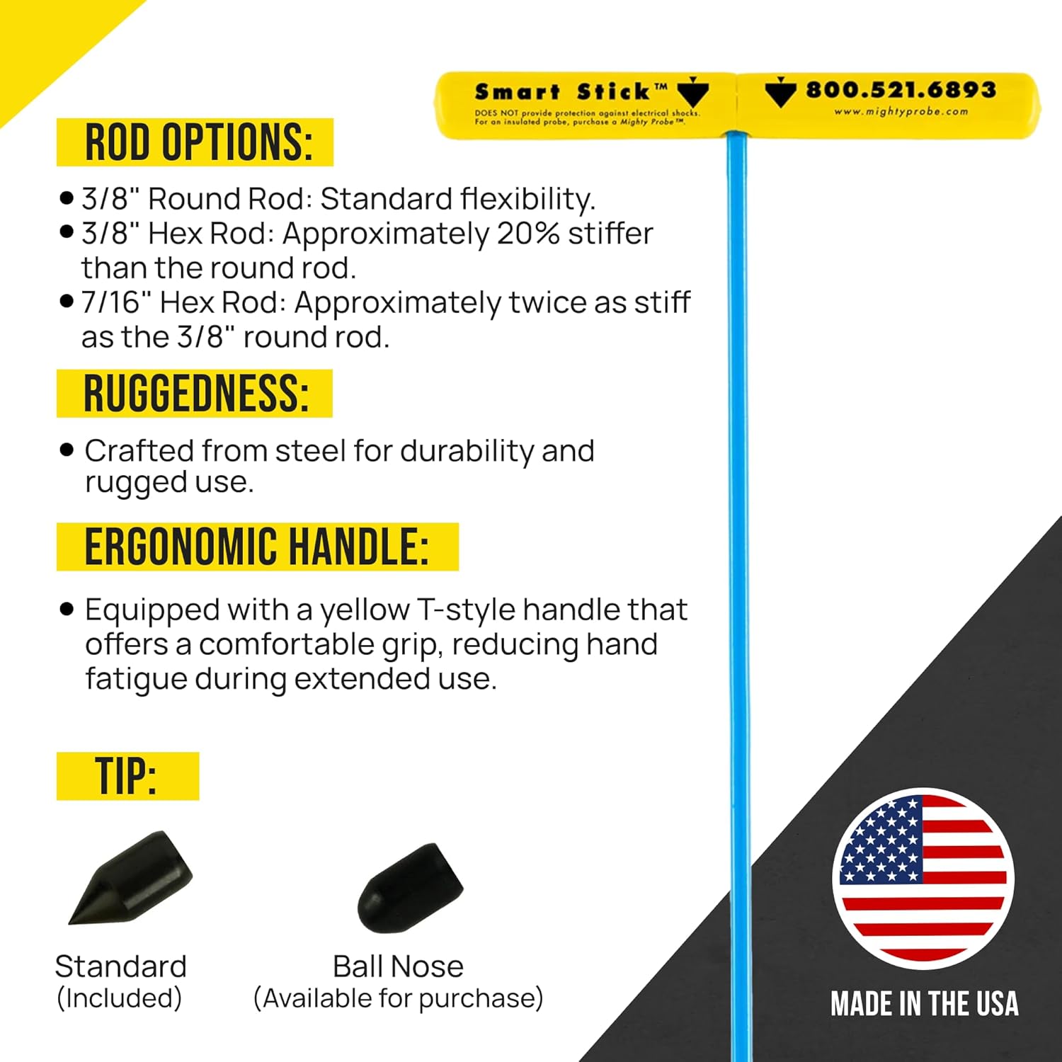 T&T Tools Smart Stick Metal Soil Probe - T-Handle Probing Rod, Steel Rods, 48-Inch Long Metal Rod w/ 3/8 Hex Rod, Locating Tools, Plumbing Tools, Landscaping and Gardening Tools