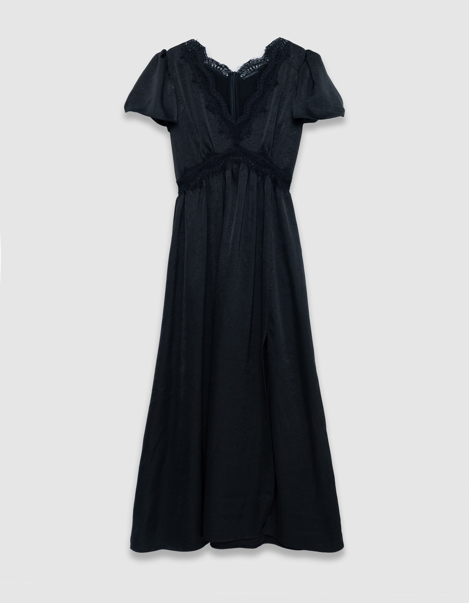 Robe longue noire satinée froissée détails dentelle Femme