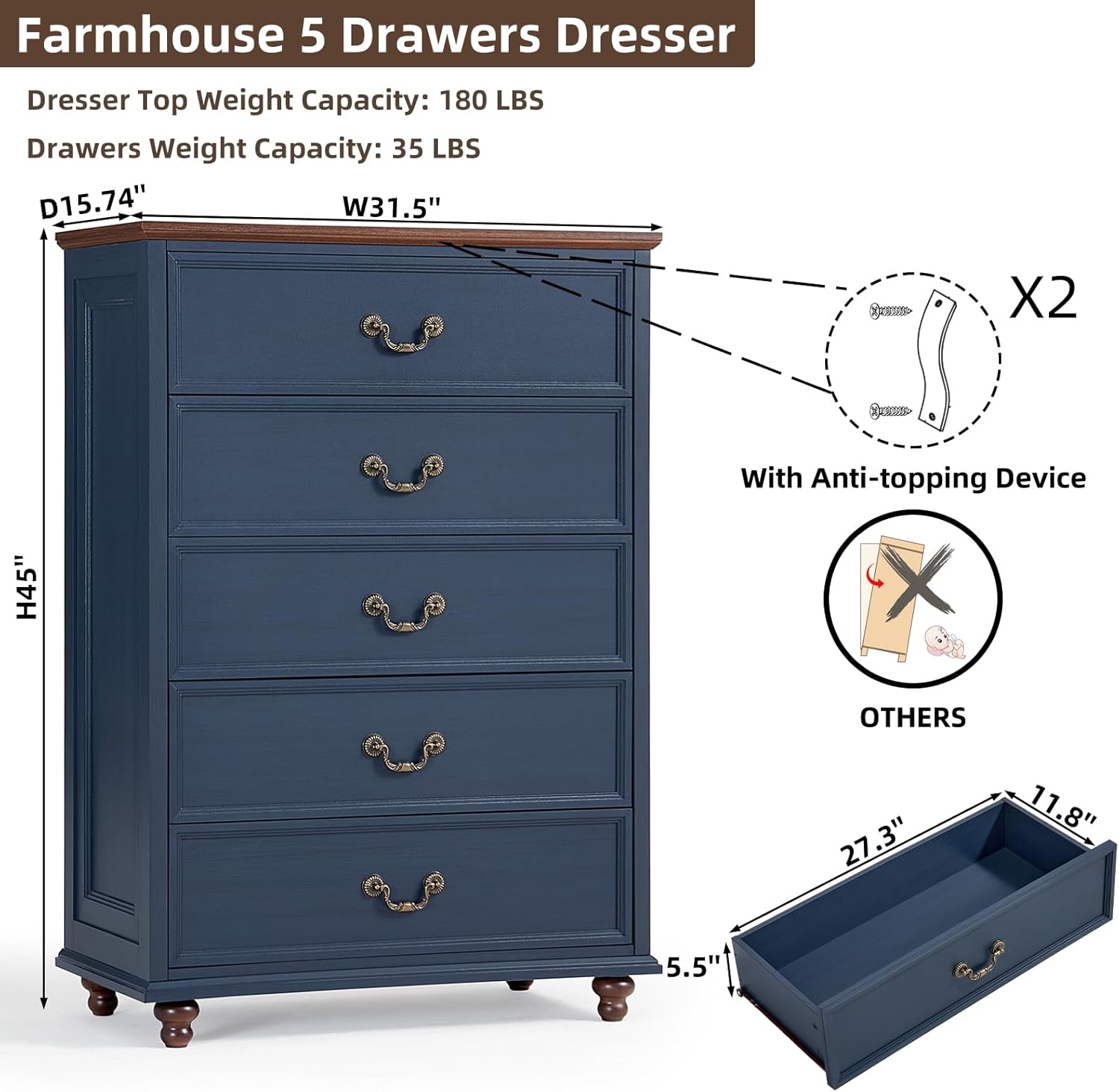Farmhouse 5 Drawer Dresser for Bedroom, 45 Tall Rustic Chests of Drawers w/ 4 Solid Wood Feet, Mid Century Modern Wooden Closet Storage Dressers Organizer for Living Room, Hallway, Navy Blue