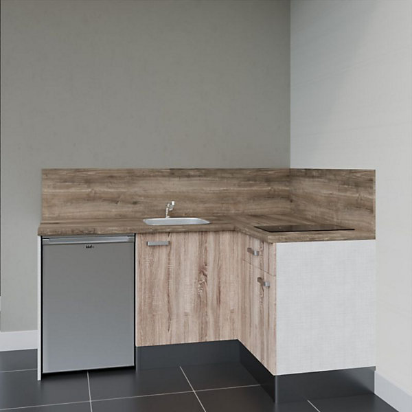 Kitchenette KA01 façades Bois - Plan de travail Bois - Crédences : Oui - Evier inox - Electroménager Inox inclus