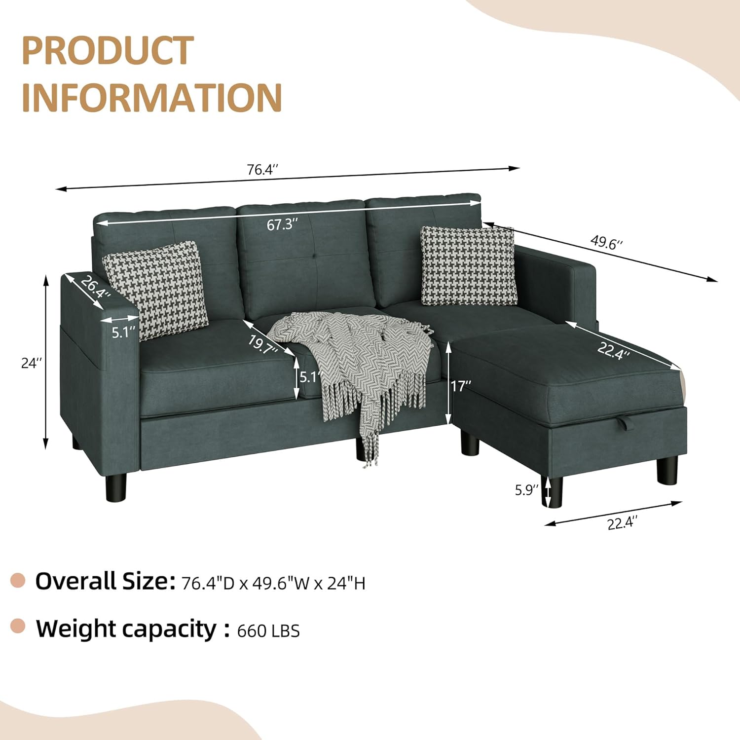 JAMFLY Convertible L-Shaped Sectional Sofa with Reversible Storage Ottoman, 3-Seat Modern Fabric Couch for Living Room, Small Space Apartment Sofa with Side Pockets & Firm Cushions, Grey Linen