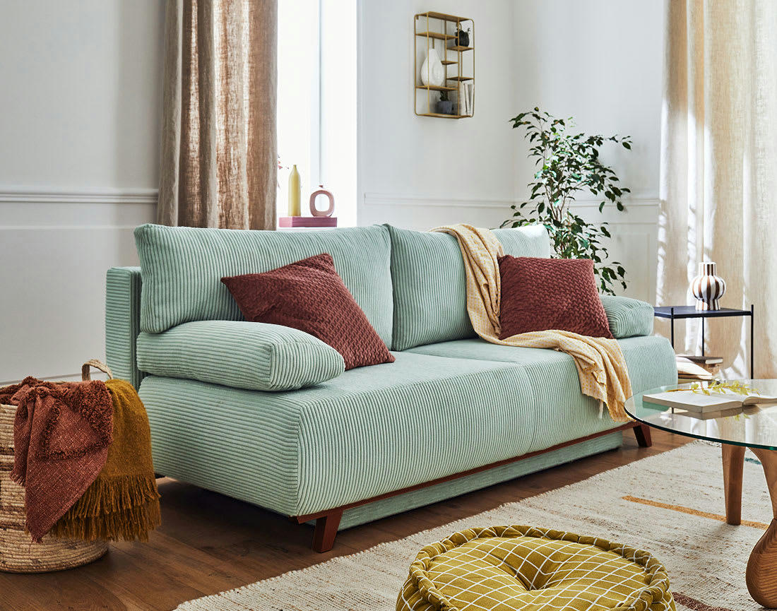 CRISTAL - Canapé droit convertible 3 places en velours côtelé bleu