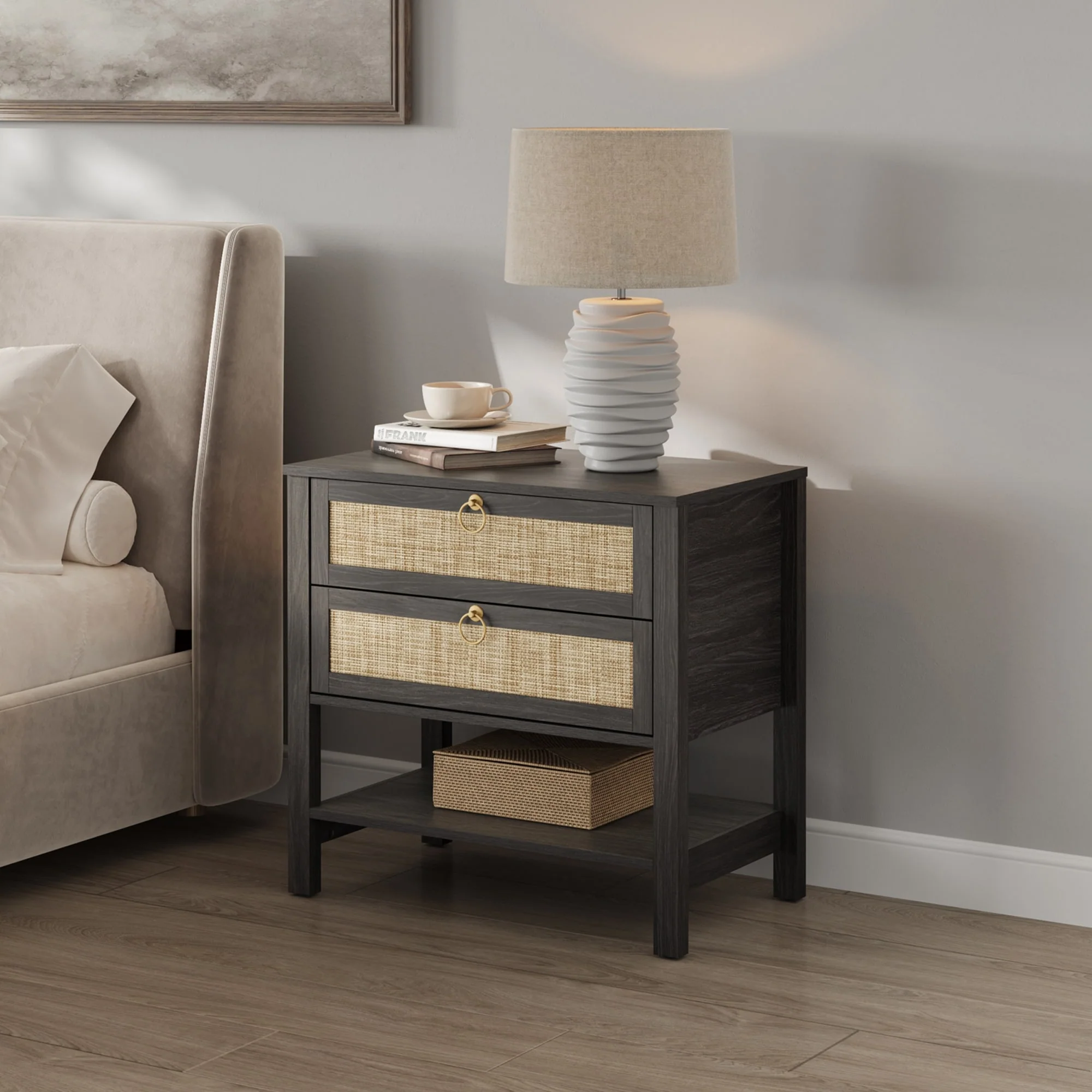 SICOTAS Rattan Boho Nightstand Great Storage for Compact Bedroom Areas