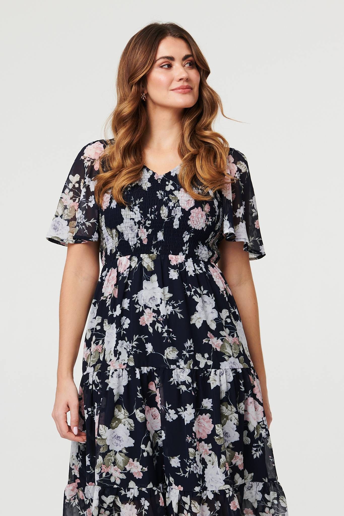 Izabel London Floral Ruched Angel Sleeve Midi Dress