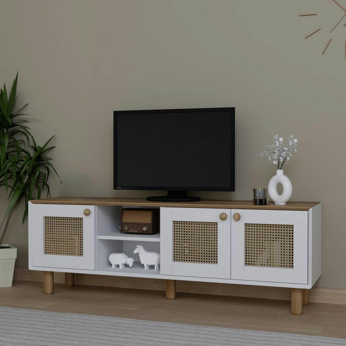 Meuble TV cannage 3 portes blanches plateau effet chêne VAREN