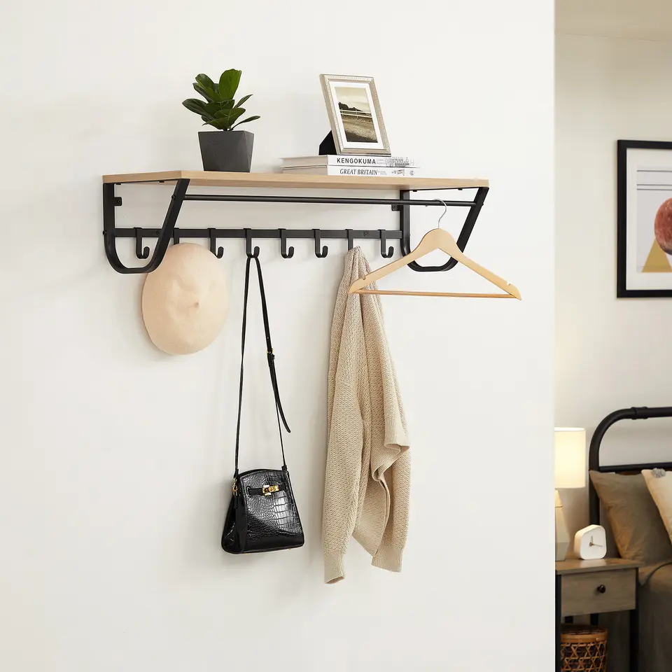 Hangende Kapstok voor Muur of Wand - 8 Haken en 1 Bar - 90 cm Lang - Lichte Eik