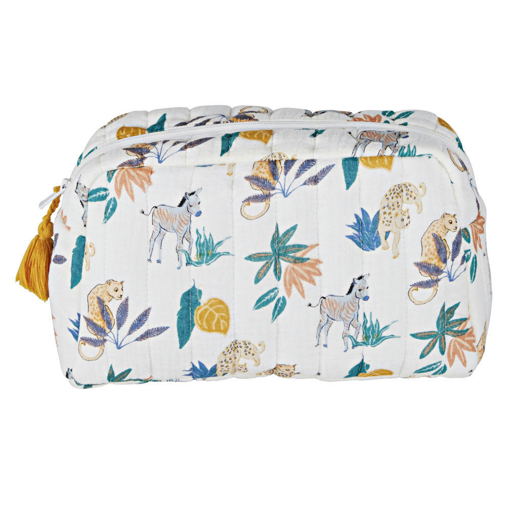 MADRID - Trousse de toilette bébé blanche en coton biologique imprimé animalier multicolore