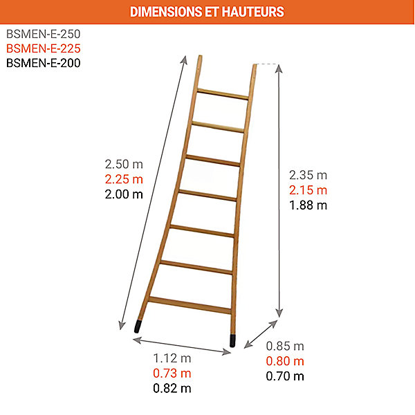 Echelle bois base évasée 9 barreaux - Hauteur à atteindre 2.35m - BSMEN-E-250