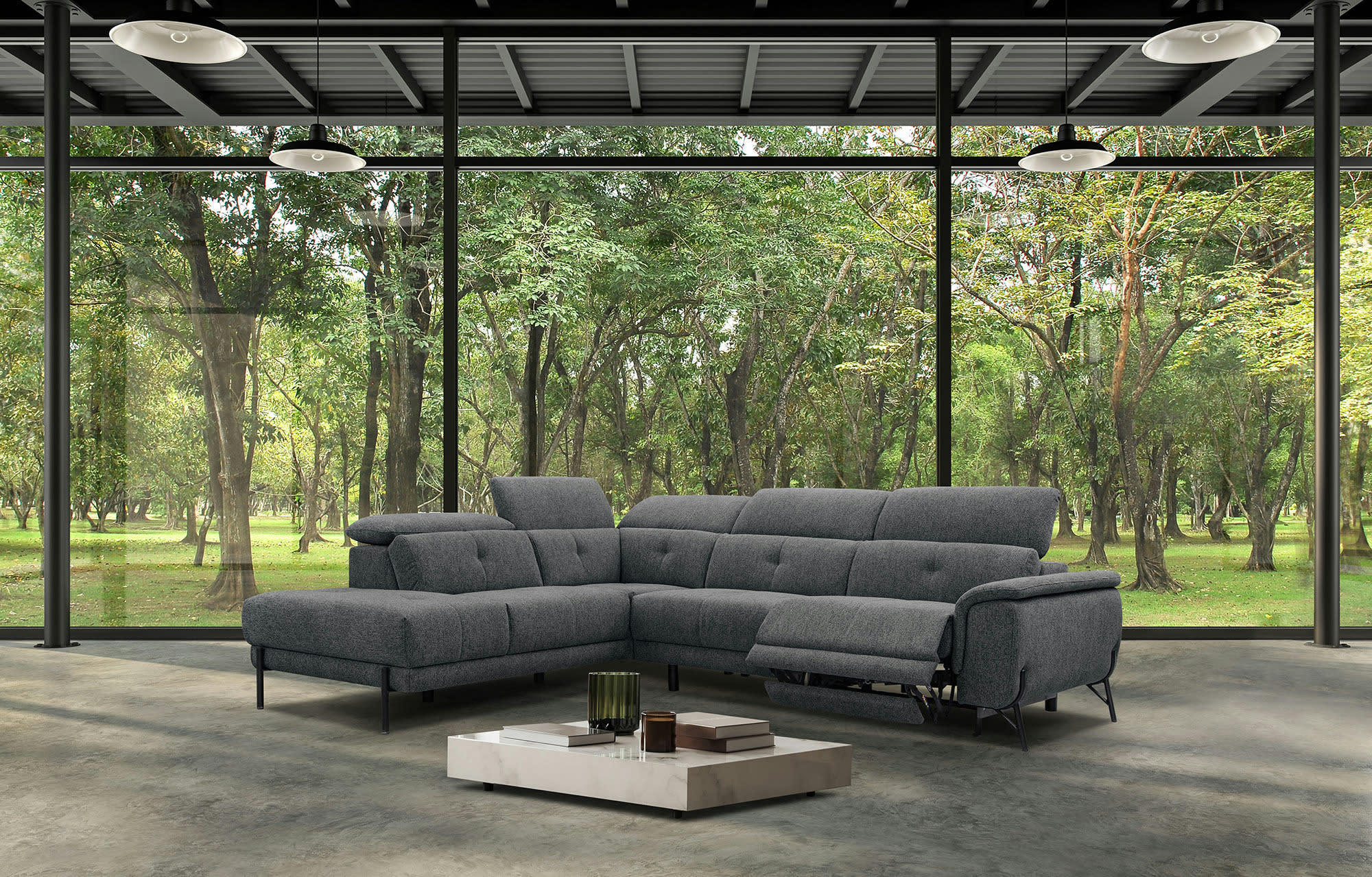 AVENA - Canapé d'angle gauche 5 places avec relax électrique tissu gris foncé