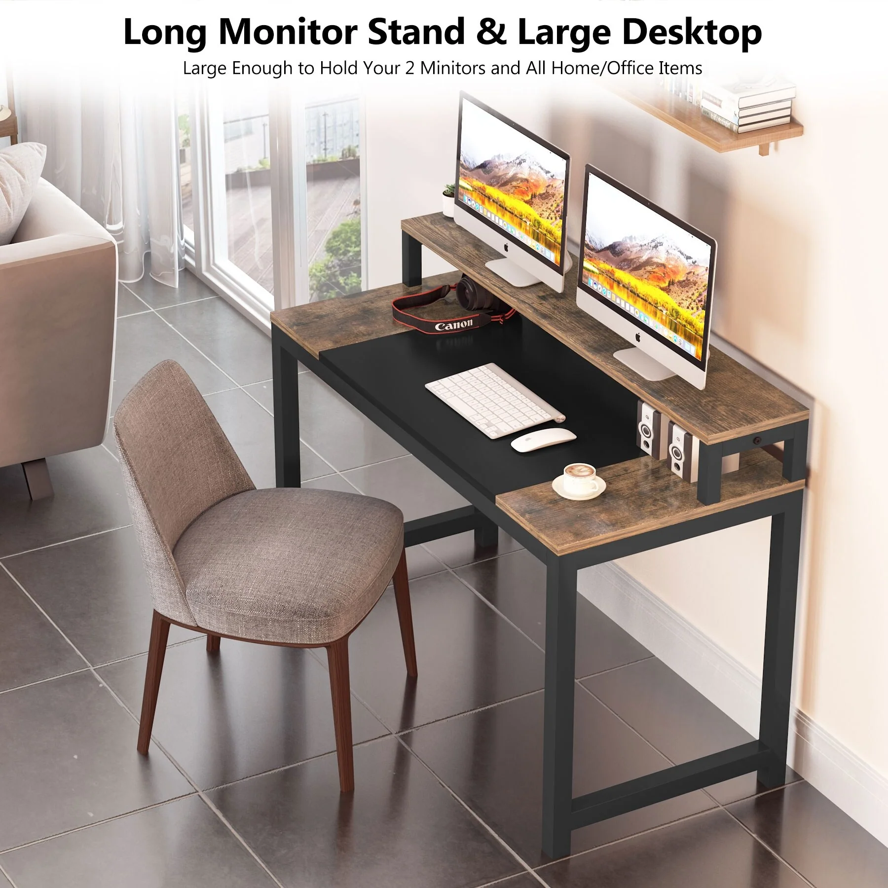 Home Office Desk with Monitor Stand, Industrial Computer Desk