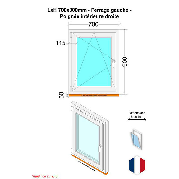 Fenêtre PVC - LxH 700x900 mm -Triple Vitrage - Blanc -poignée à droite