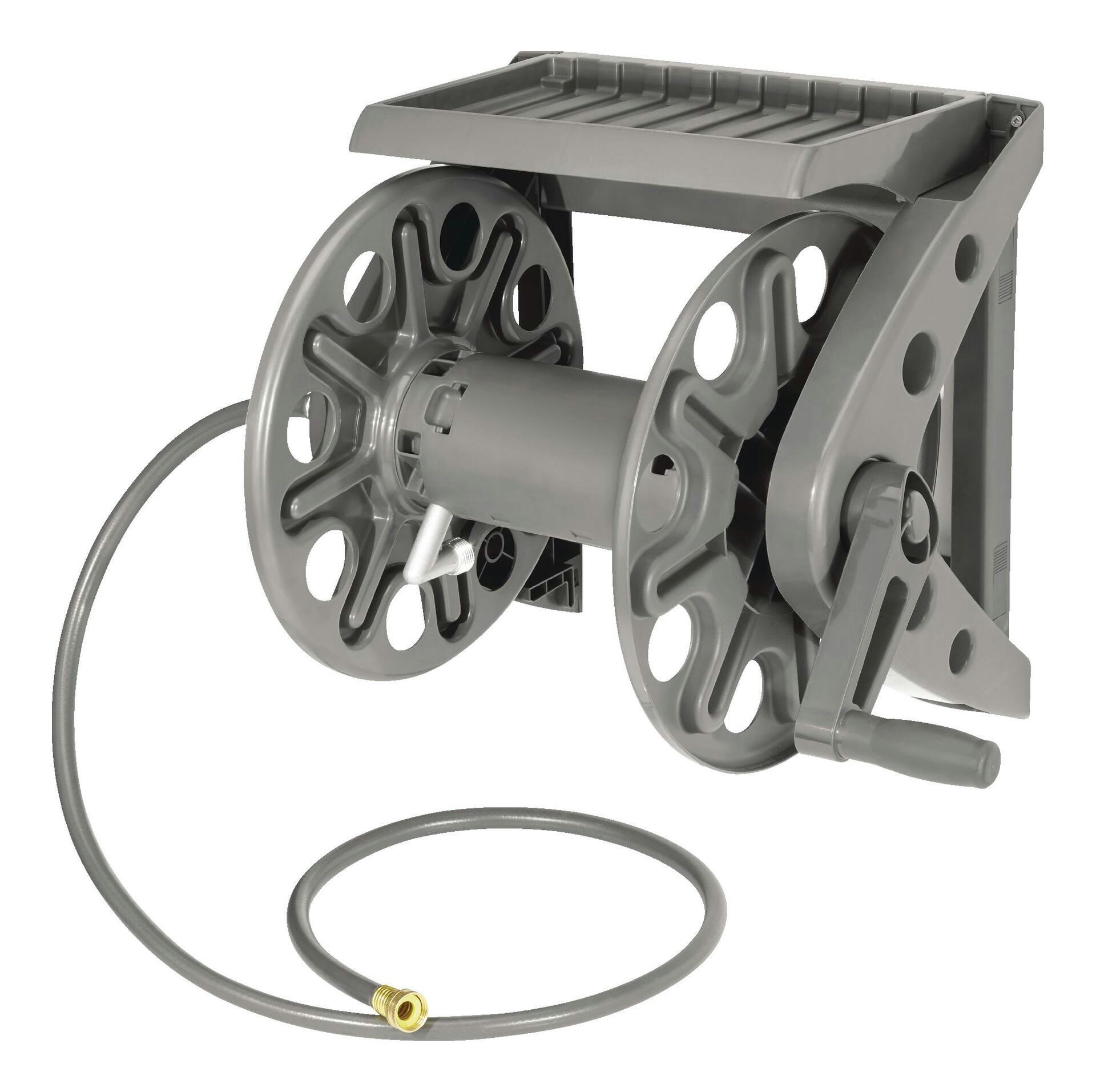 Yardworks Wall Mount Garden Hose Reel with Shelf & Leader Hose, 225-ft