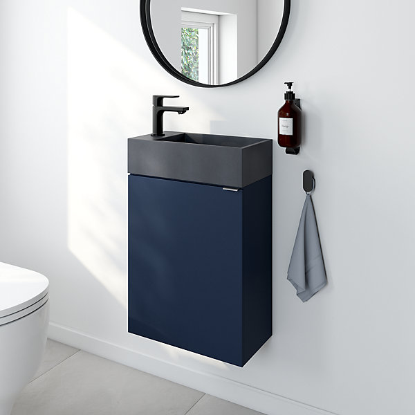 Meuble lave-mains à poser bleu nuit mat l.44 cm Imandra   plan vasque béton gris, GoodHome