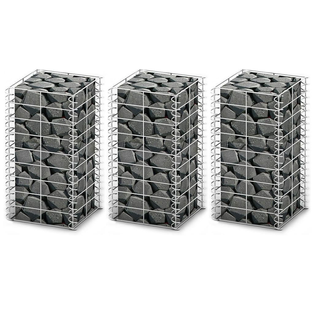 Zestaw 3 Koszy Gabionowych Ogrodzenie Płot Stal 25x25x50 cm Srebrny