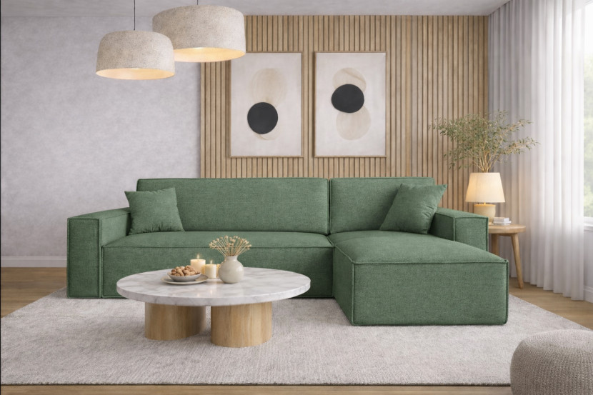 Sofa w kształcie L BEST narożnik tkanina Neve, Zielony Prawostronny