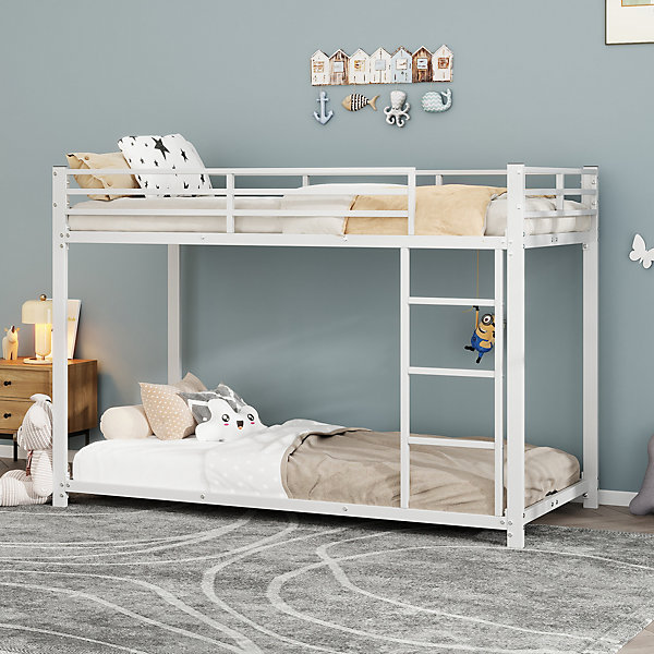Lit Superposé 90 x 200 cm - Lit enfant avec Barrière - Métal - Sans Matelas - Blanc