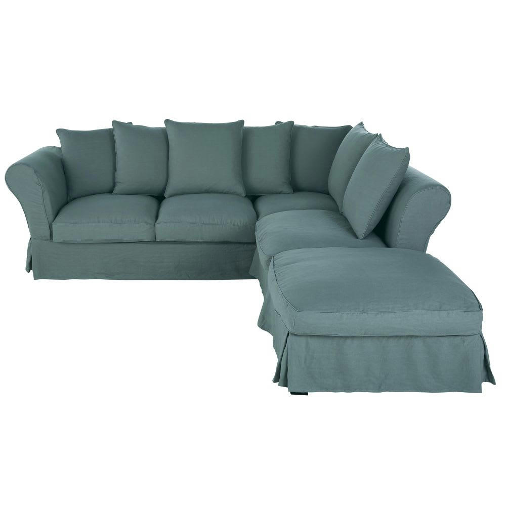 Roma - Housse de canapé d'angle convertible en lin froissé bleu céladon