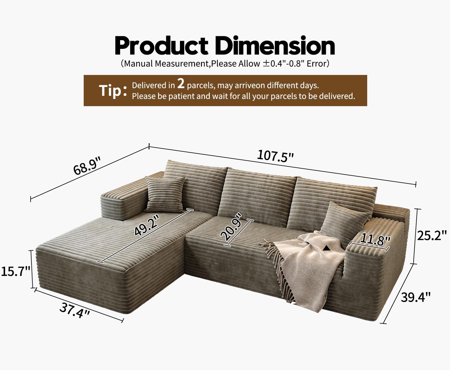 107.5 Cloud Modular Sectional Sofa Couch with L-Shape Chaise,Modern Minimalist Upholstered Couches for Living Room Bedroom,Deep Seat Corner Couch，No Assembly Required (Camel,Left Facing Chaise)