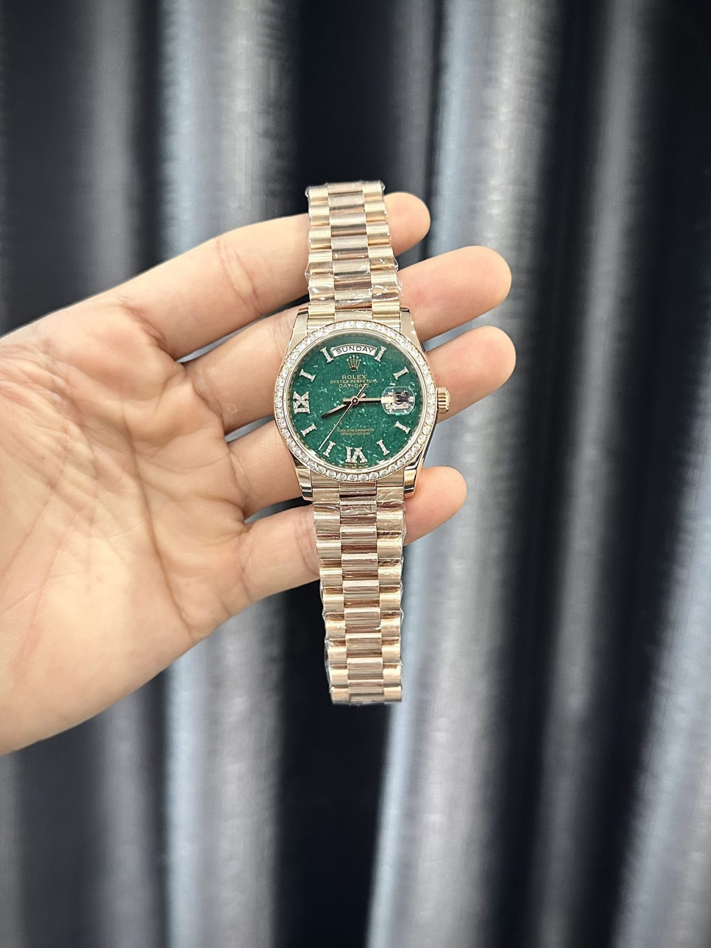 Rolex Day-Date 128235 RG Plated Green Dial With Diamonds 36mm Super Clone